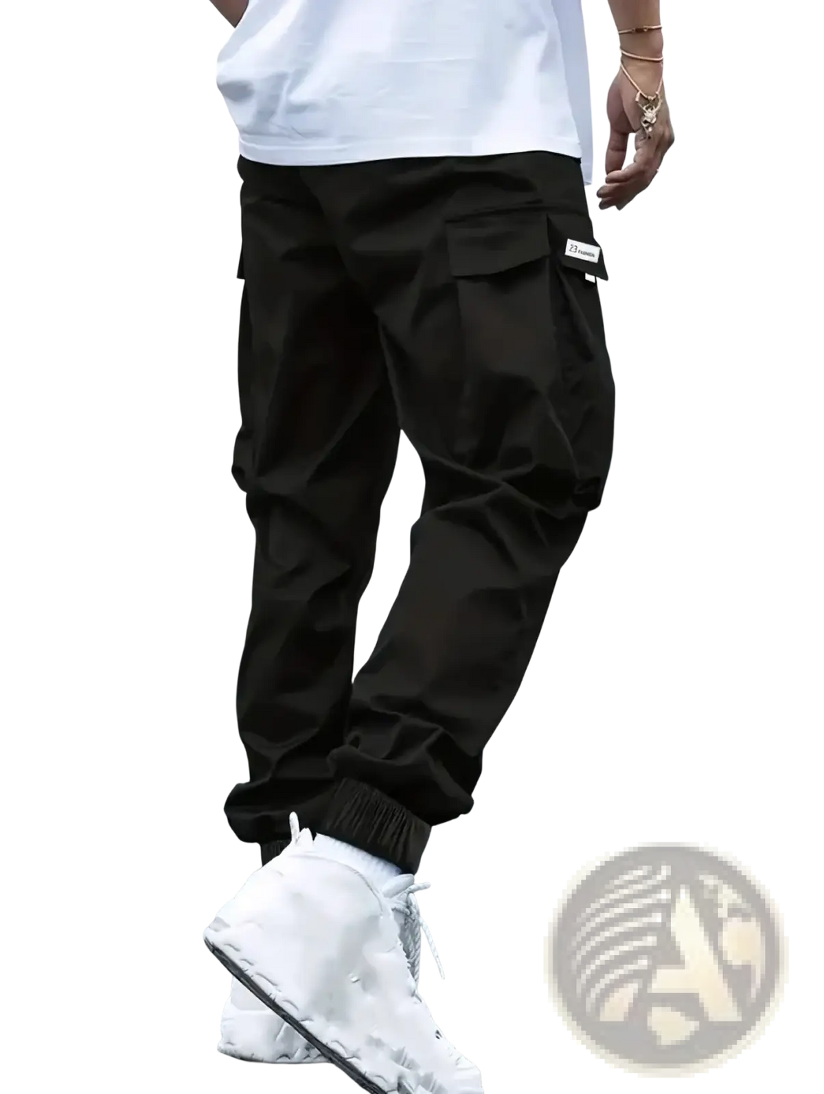 Men’s black poly cargo joggers featuring multiple pockets and a drawstring waistband for casual wear