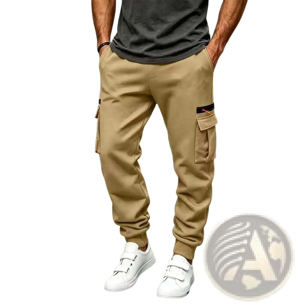 Beige men’s cargo pants with side pockets and ribbed cuffs designed for casual loose straight baggy winter wear