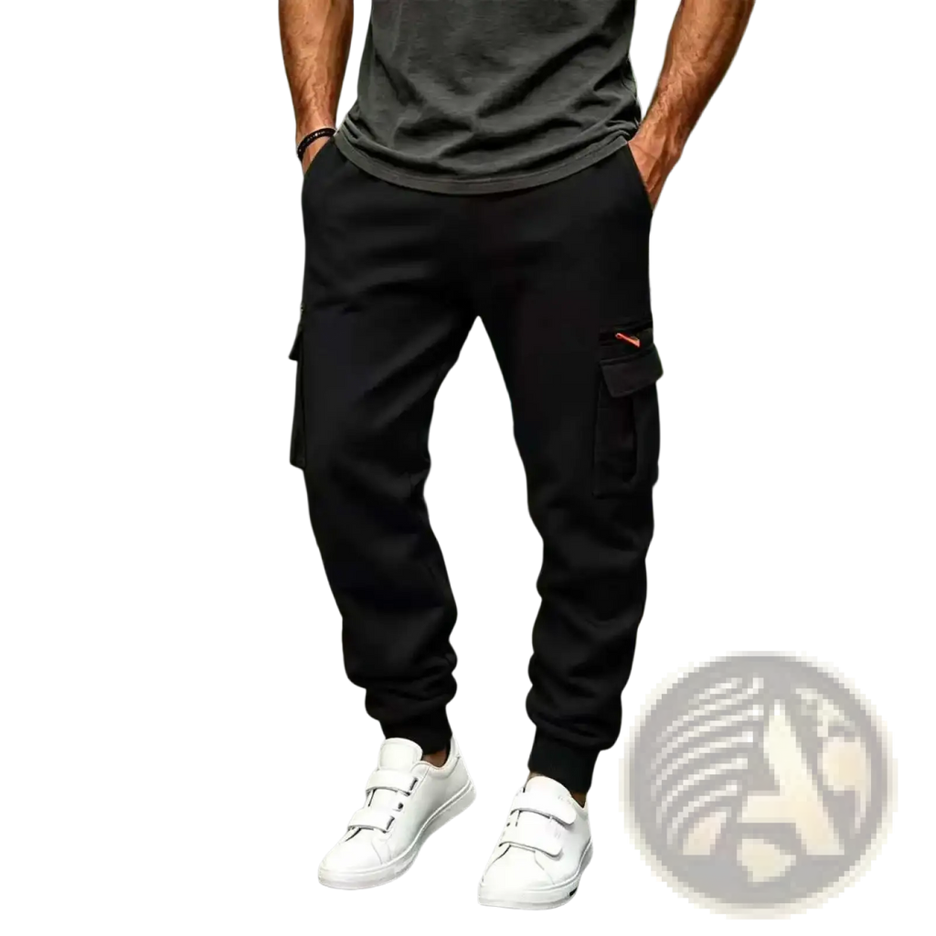 Mens cargo pants casual loose straight baggy winter black cargo joggers with orange logo made from soft cotton blend fabric