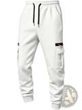 Mens cargo pants casual loose straight baggy winter white joggers with black drawstrings and zipper patched pockets