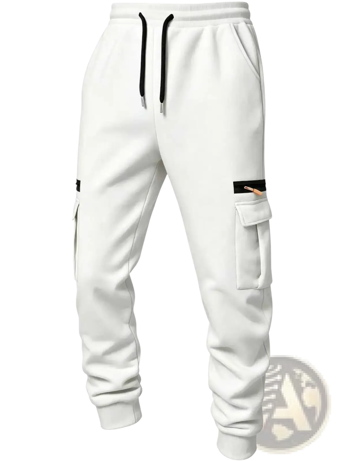 Mens cargo pants casual loose straight baggy winter white joggers with black drawstrings and zipper patched pockets