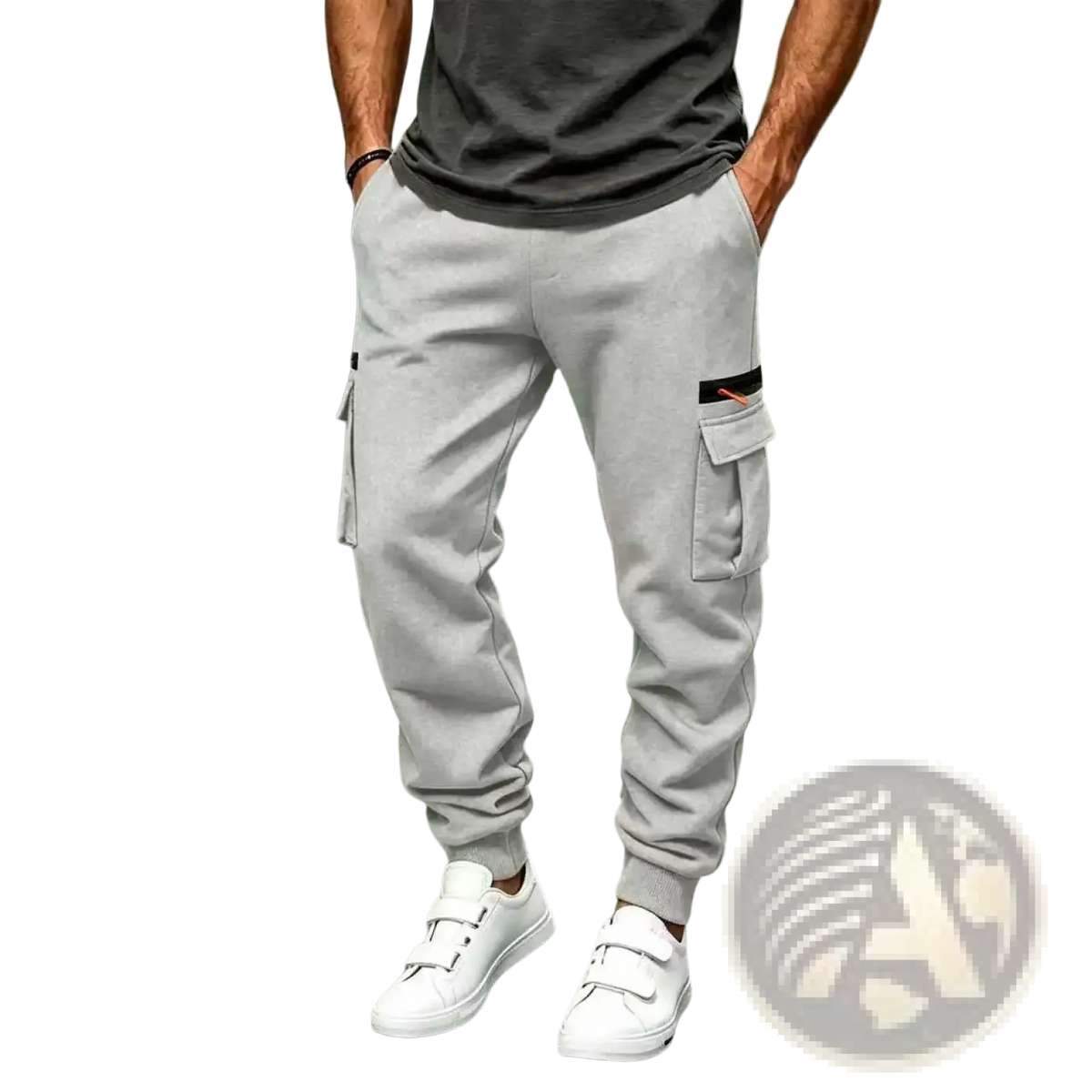 Light gray mens cargo pants with black thigh pocket stripe casual loose straight baggy winter joggers with side pockets