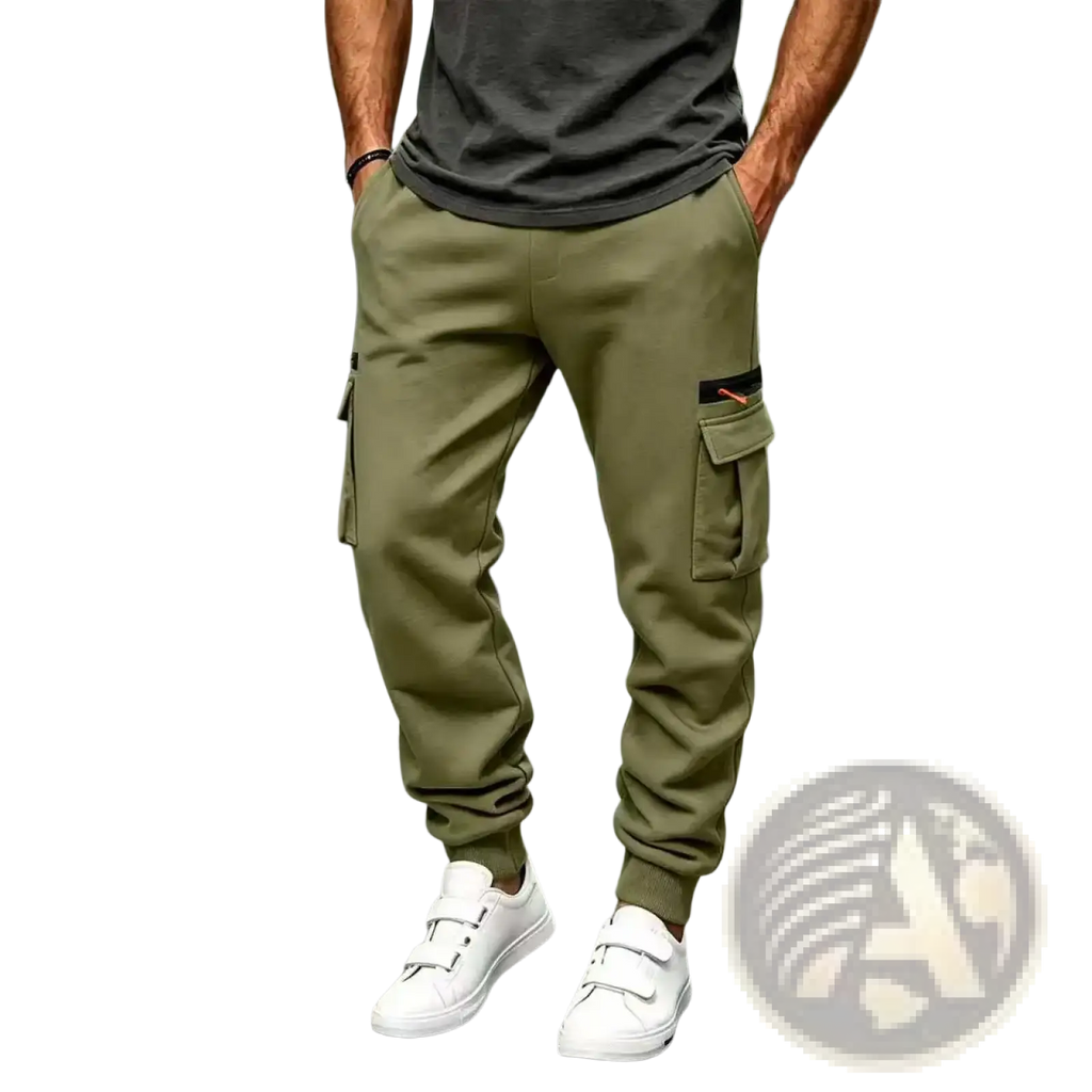 Mens olive green cargo pants with side pockets and elastic cuffs casual loose straight baggy winter wear