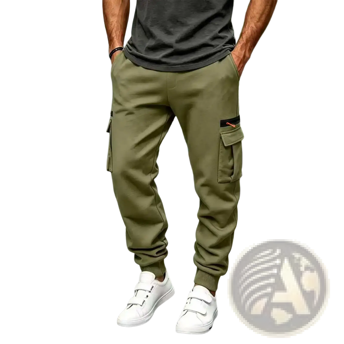 Mens olive green cargo pants with side pockets and elastic cuffs casual loose straight baggy winter wear
