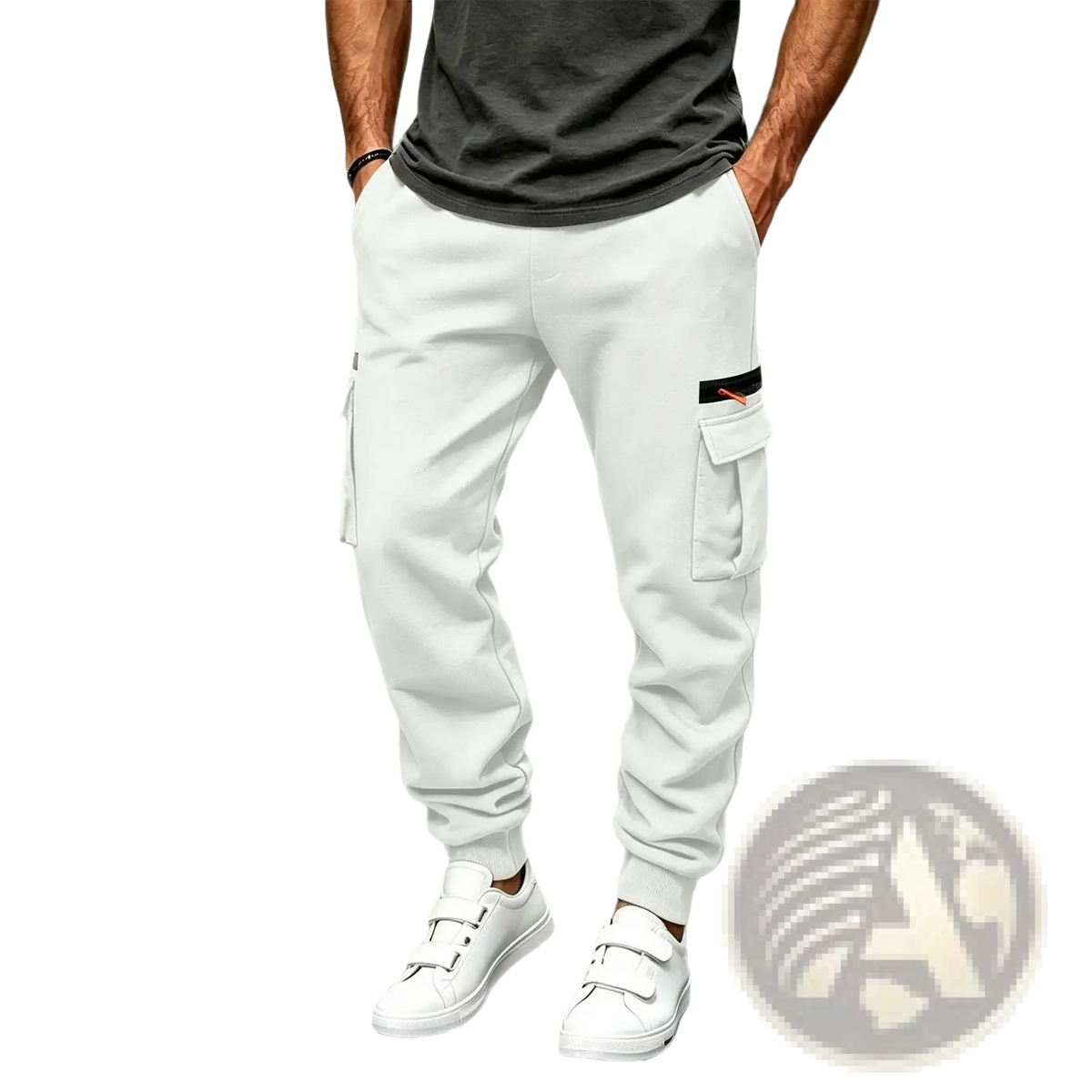 Mens cargo pants casual loose straight baggy winter style in white with black accent trim on side pocket cargo joggers