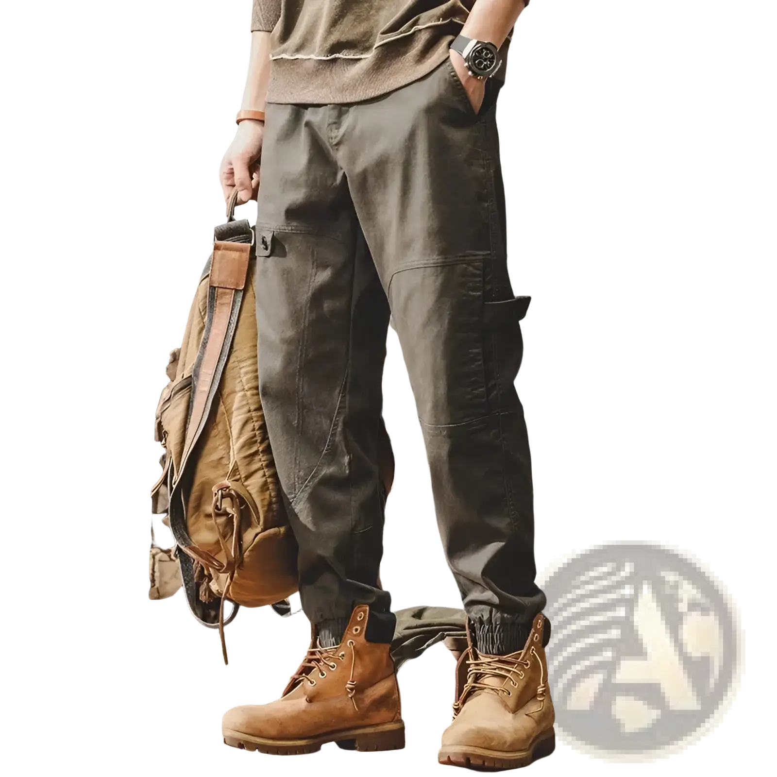 Mens dark olive cargo pants with multiple pockets and a relaxed fit paired with tan work boots for casual workwear