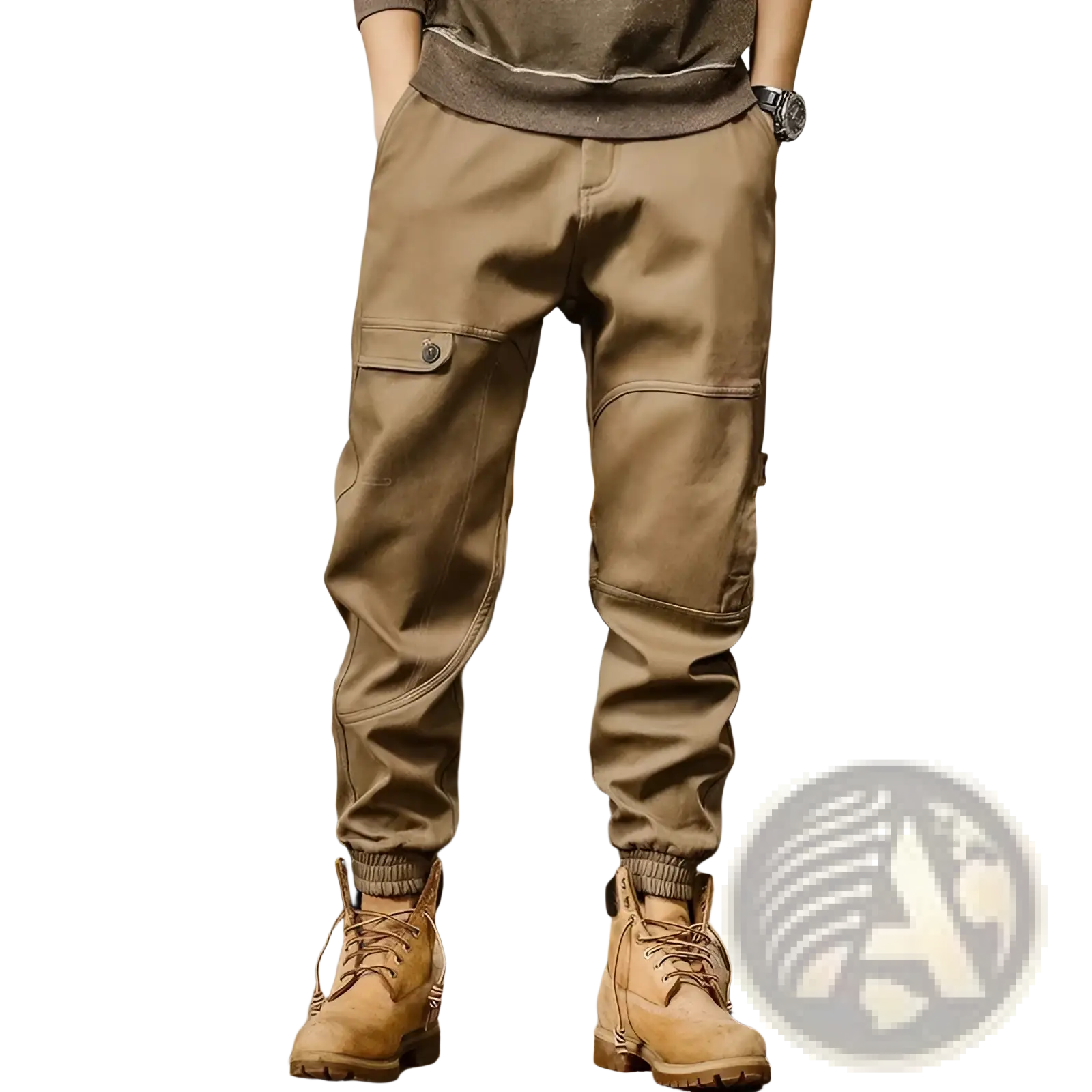 Mens loose fit tan cargo pants with multiple pockets and a drawstring waistband for casual workwear