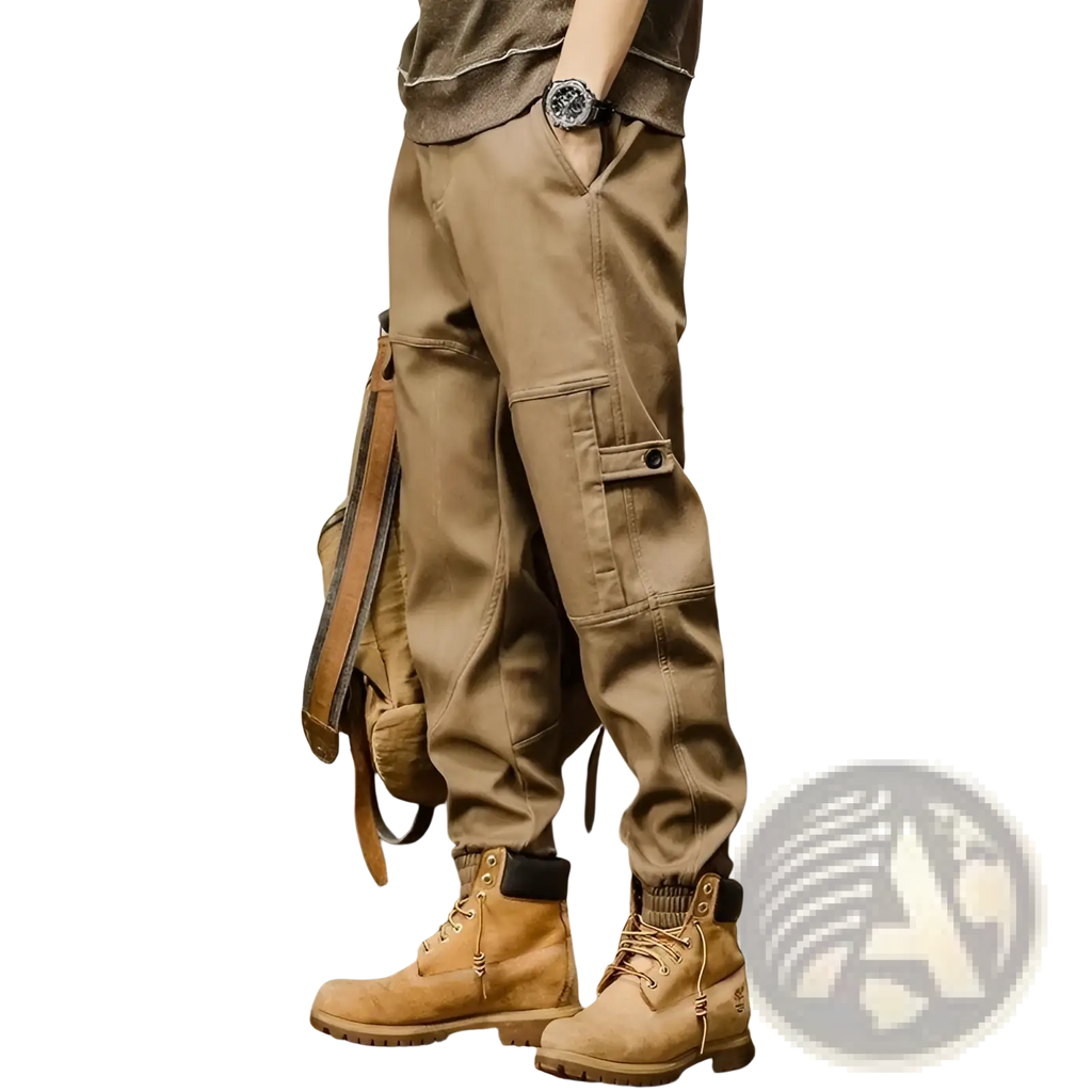 Mens cargo pants in tan with multiple pockets and loose fit designed for casual workwear use