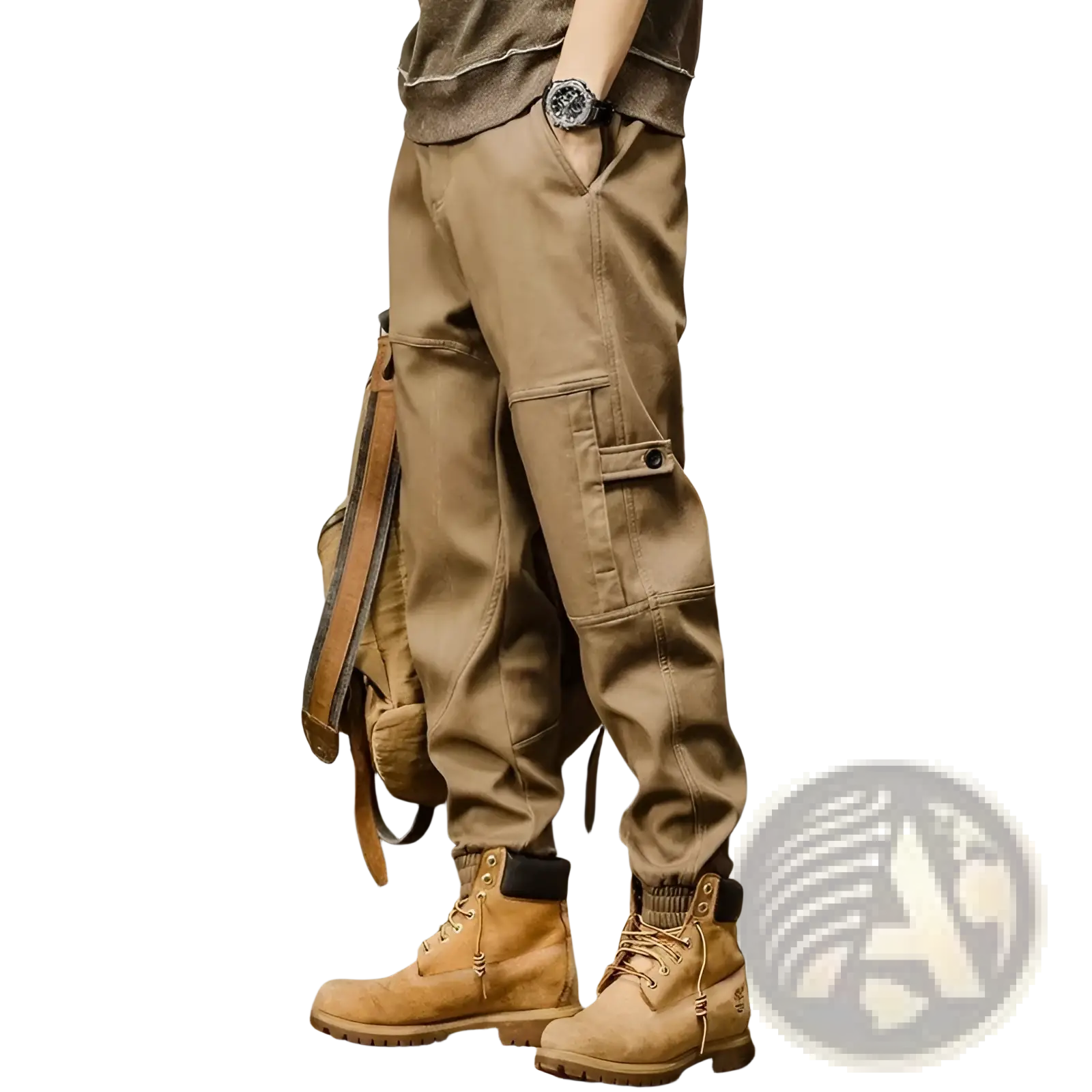 Mens cargo pants in tan with multiple pockets and loose fit designed for casual workwear use