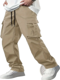 Beige mens cargo pants with multiple pockets and drawstring waistband loose fit casual workwear trousers