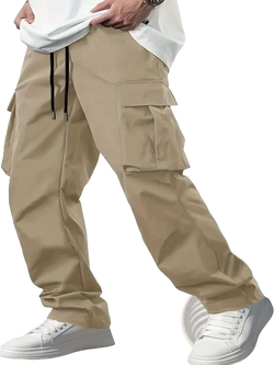 Beige mens cargo pants with multiple pockets and drawstring waistband loose fit casual workwear trousers