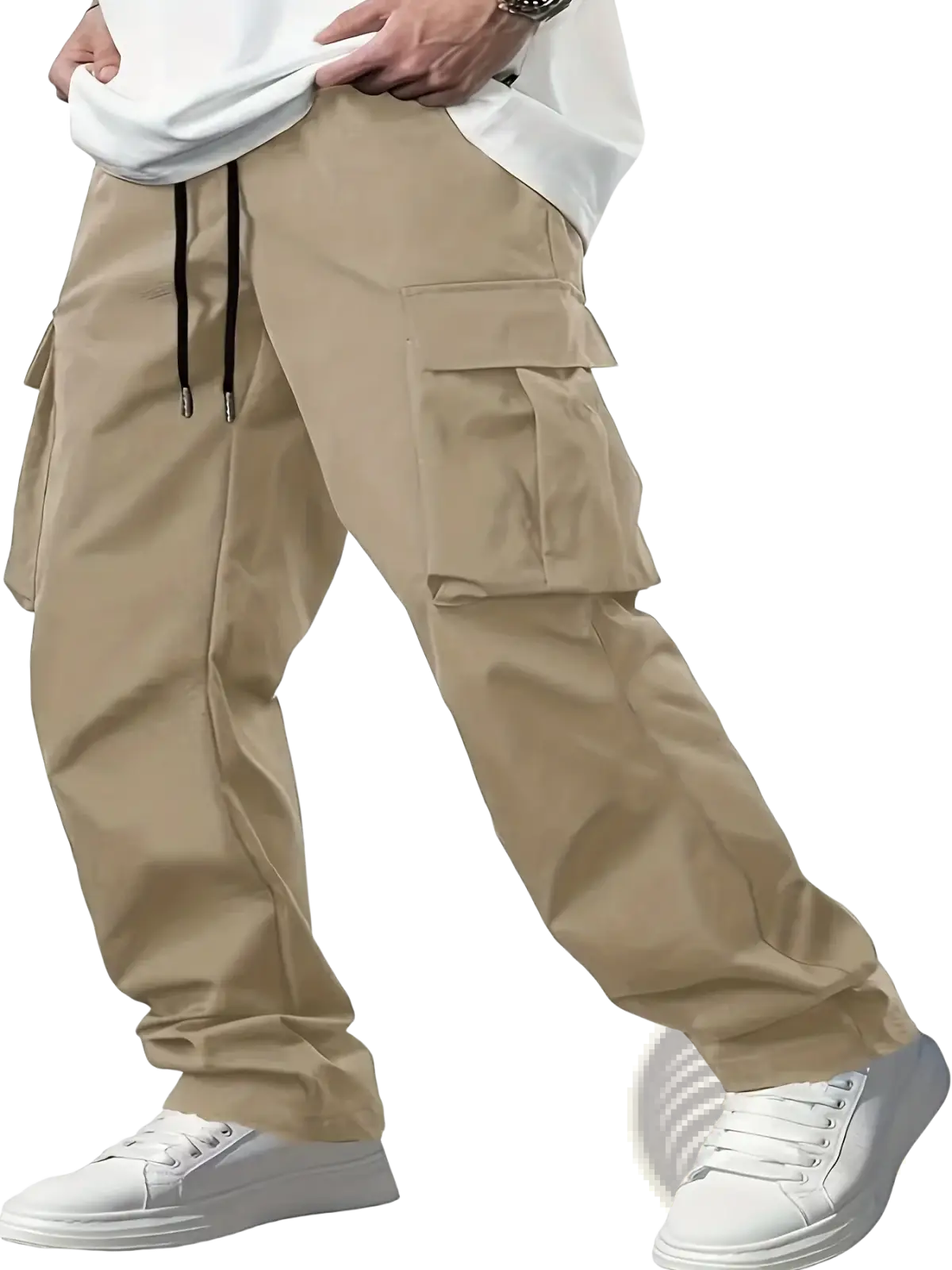 Beige mens cargo pants with multiple pockets and drawstring waistband loose fit casual workwear trousers