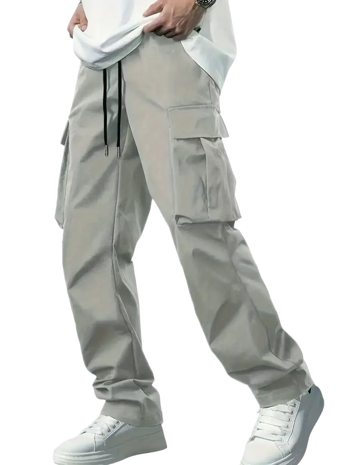 Beige mens cargo pants with loose fit, multiple pockets, and black drawstring waistband for casual workwear