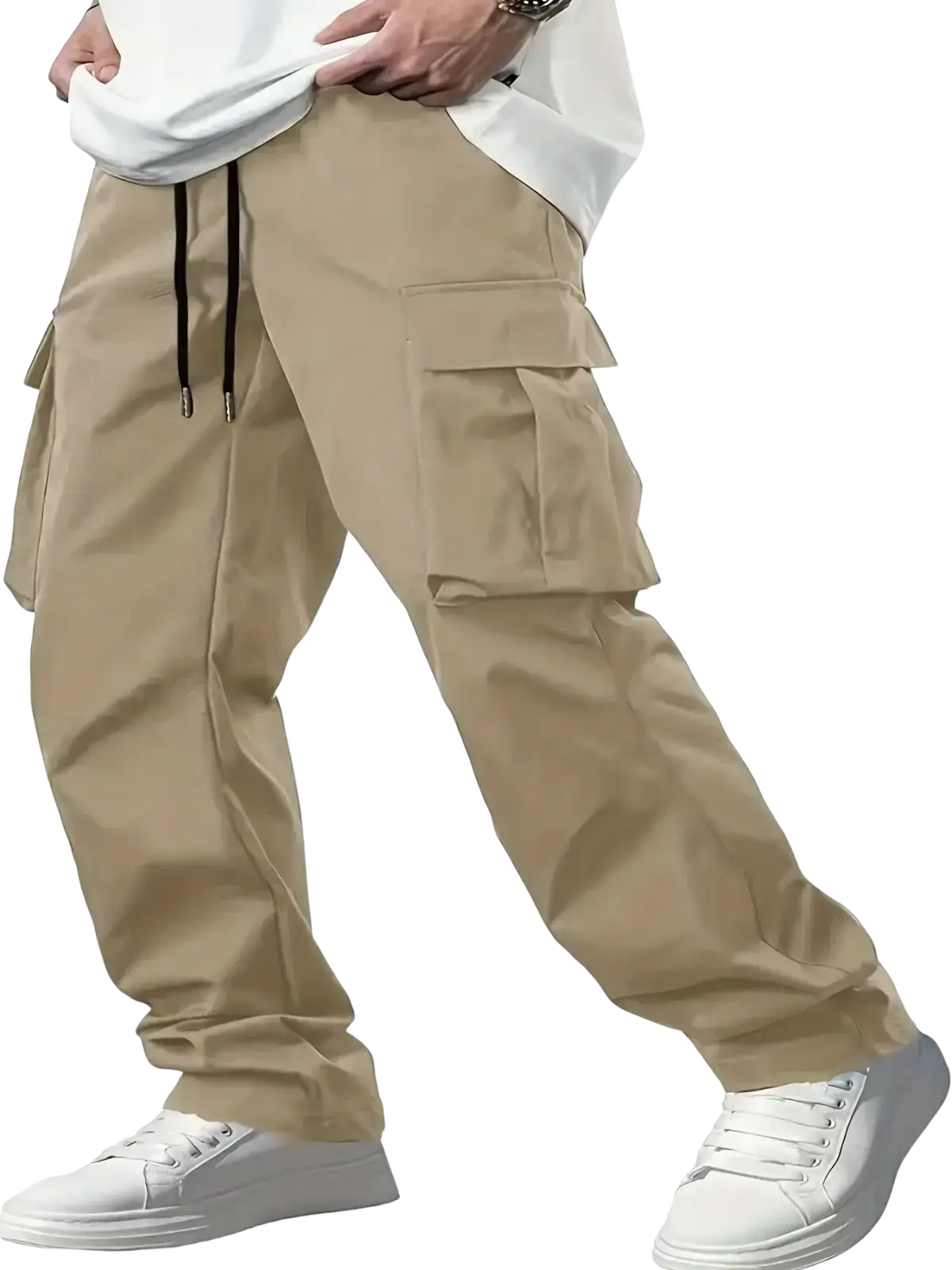 Beige mens cargo pants loose fit with multiple pockets and a drawstring waistband for casual workwear use