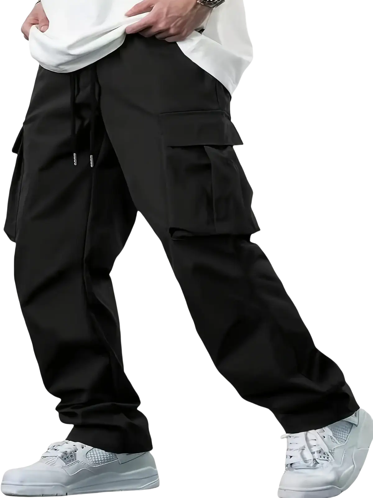 Mens black cargo pants loose fit with multiple pockets and drawstring waistband for casual workwear use