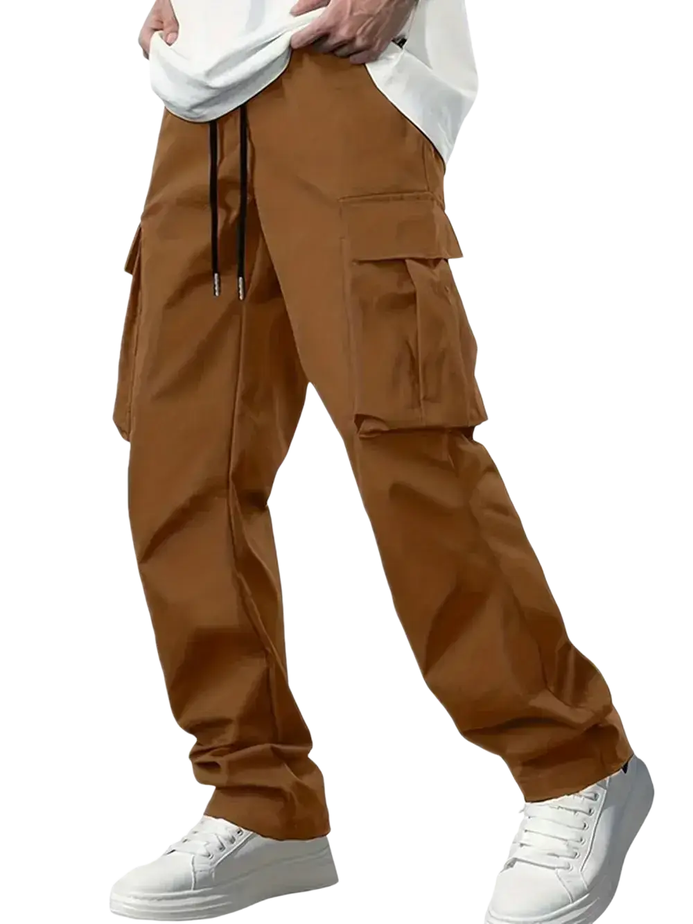 Mens loose fit cargo pants in brown with multiple pockets and a drawstring waistband for casual workwear use