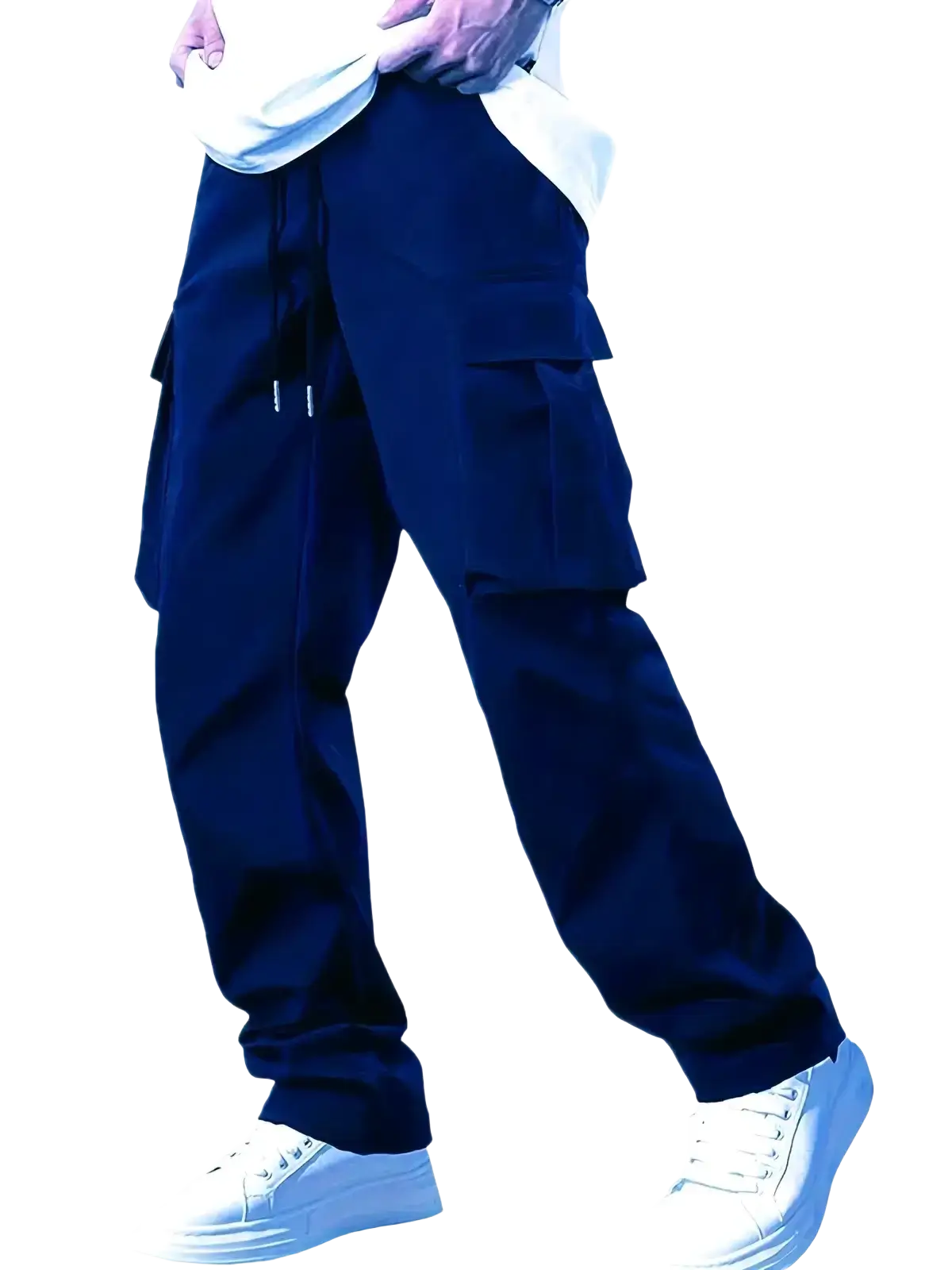 Dark blue mens cargo pants with loose fit, multiple pockets, and drawstring waistband for casual workwear use