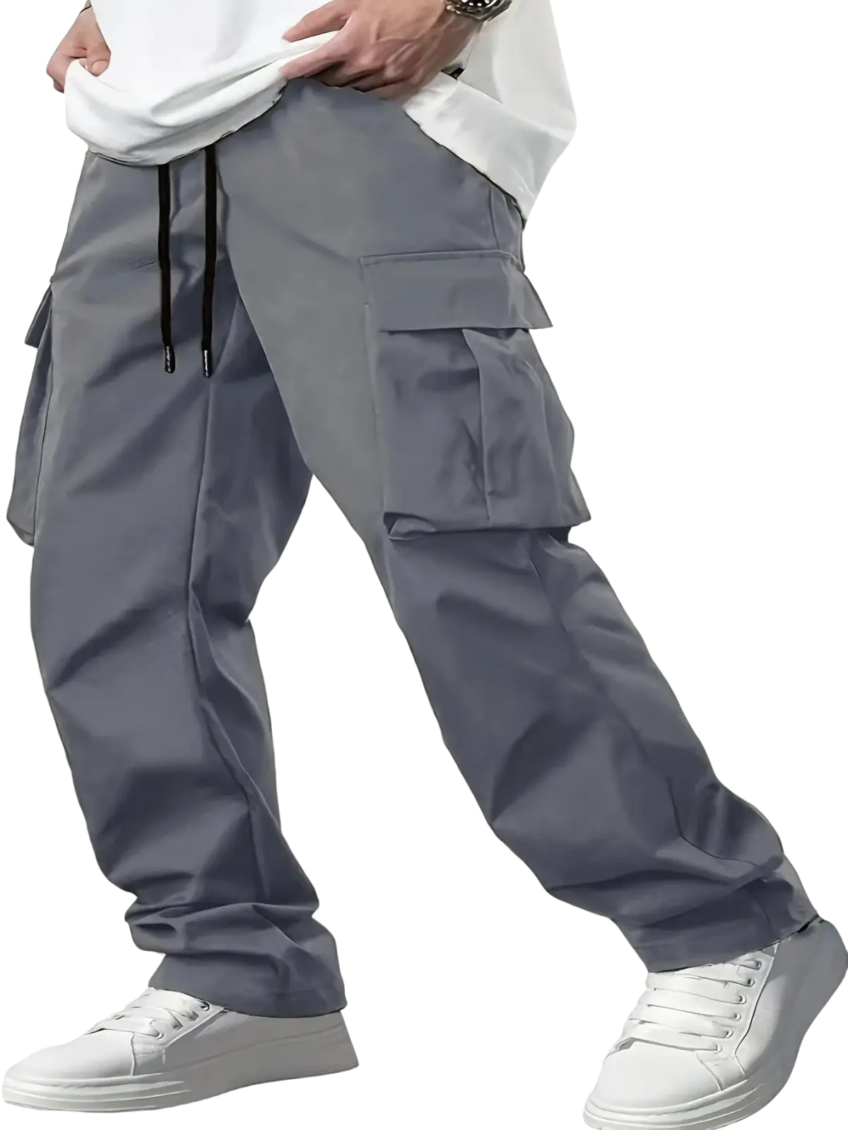Mens gray cargo pants with loose fit, multiple pockets, black drawstrings designed for casual workwear trousers