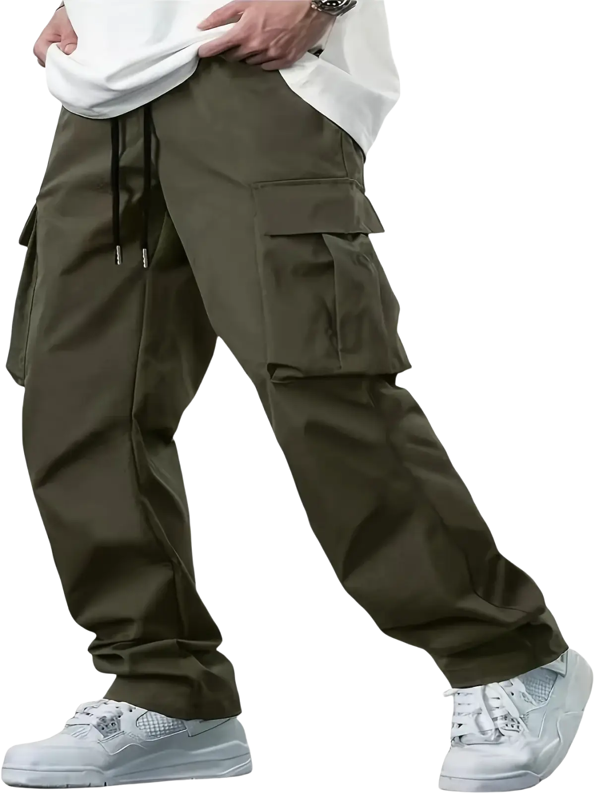 Mens olive green cargo pants loose fit with multiple pockets and drawstring waistband suitable for casual workwear