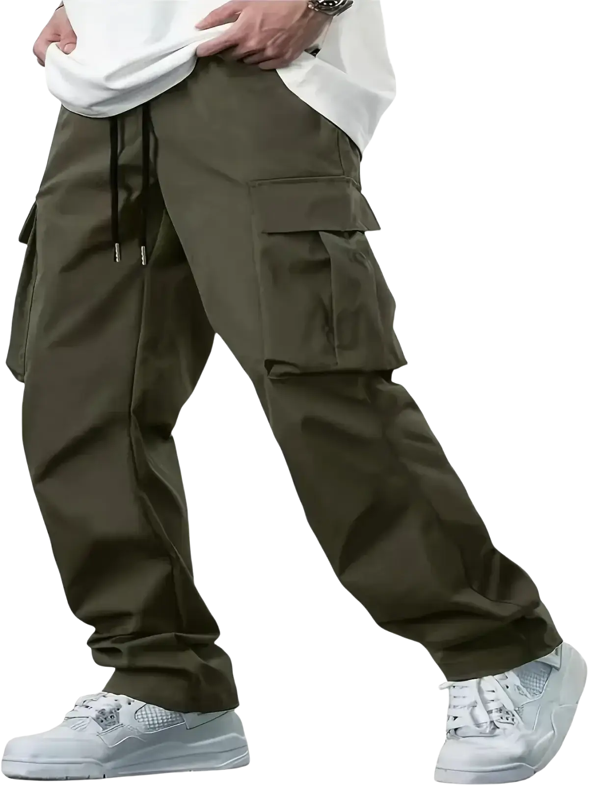 Mens cargo pants loose fit olive green workwear trousers with multiple pockets and drawstring waistband for casual use