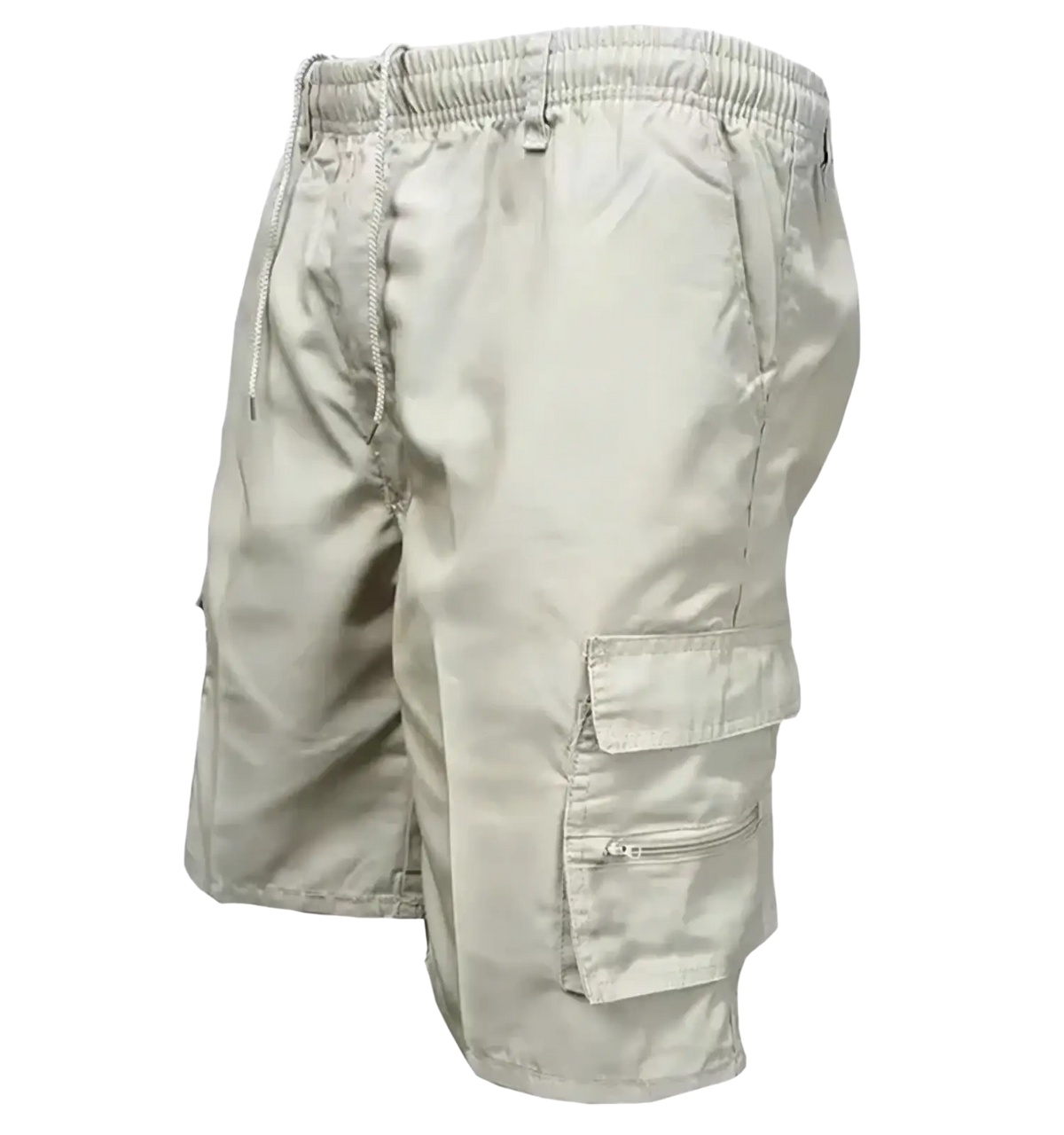 Beige mens cargo shorts with elastic waistband drawstring and multiple pockets including zippered side pocket breathable summer pants