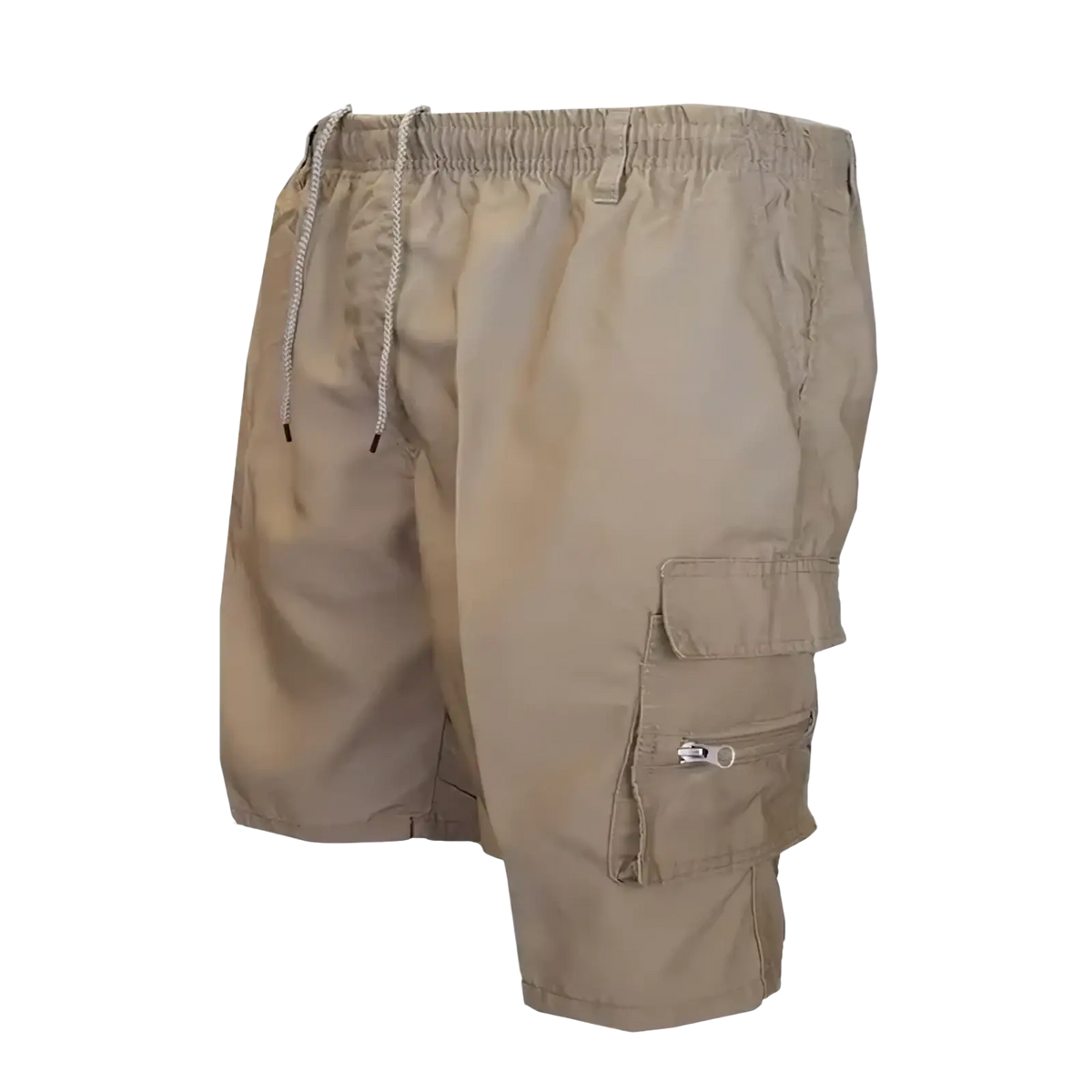 Beige mens cargo shorts with breathable fabric, drawstring waistband, and zippered side pockets for summer use