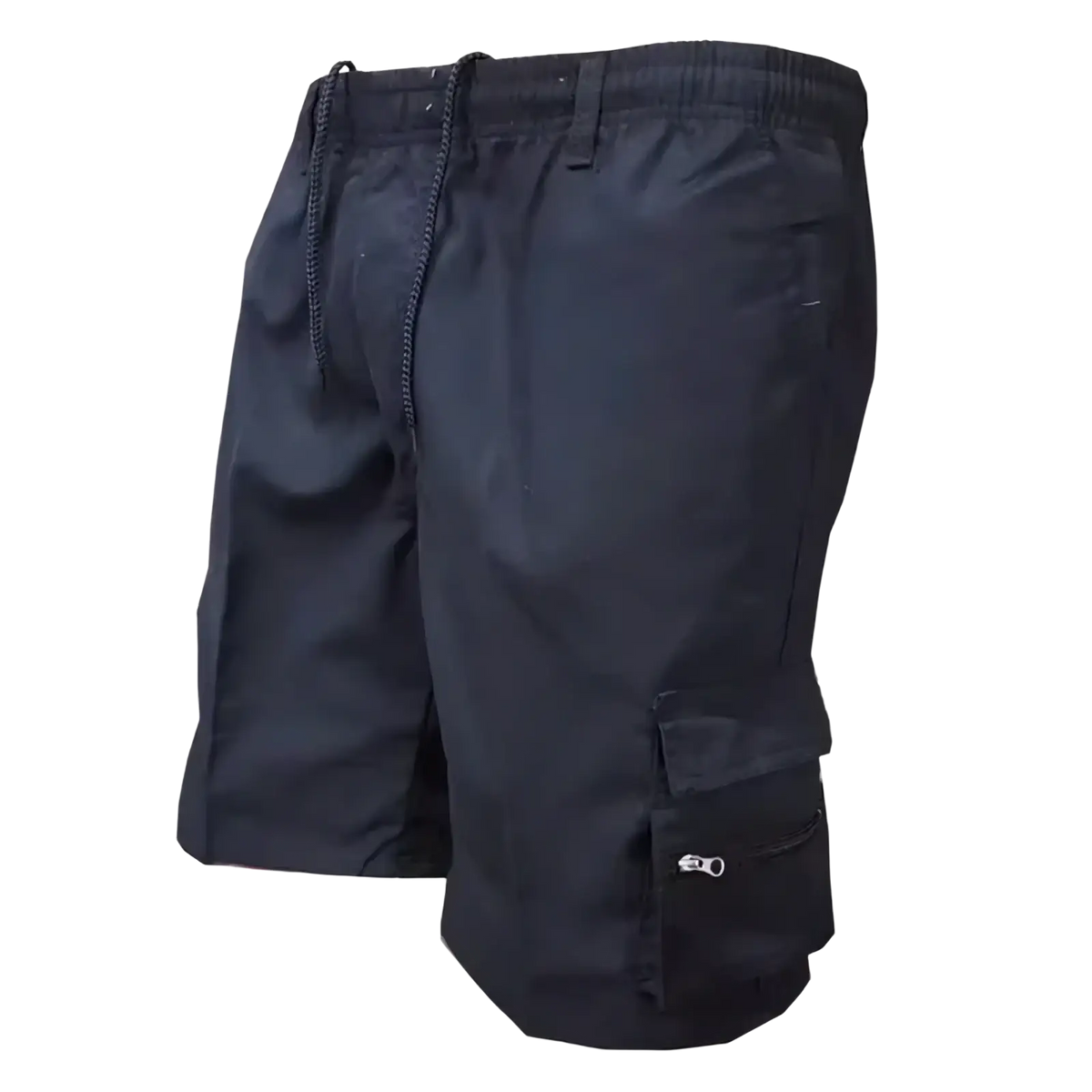 Mens black cargo shorts with breathable fabric, drawstring waistband, and zippered side pockets for summer use