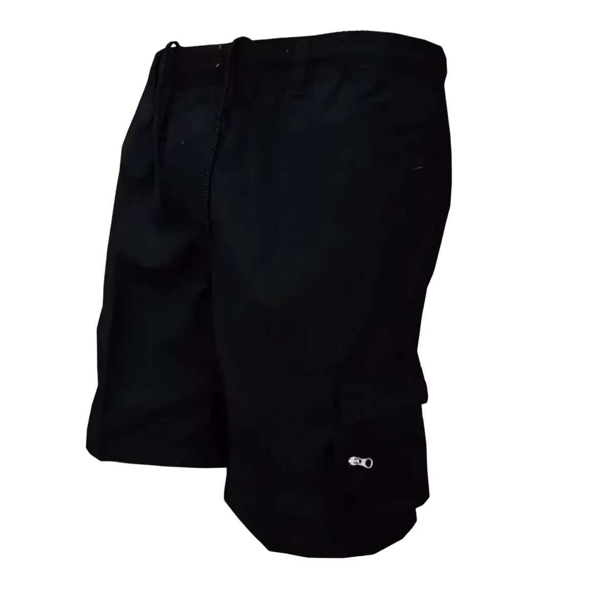 Black mens cargo shorts with a breathable fabric, drawstring waist, and zippered pockets for summer use