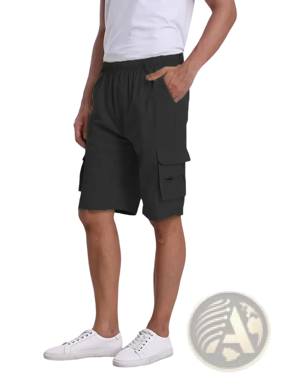 Dark gray men’s cargo shorts with multiple pockets and breathable elastic waistband for summer use