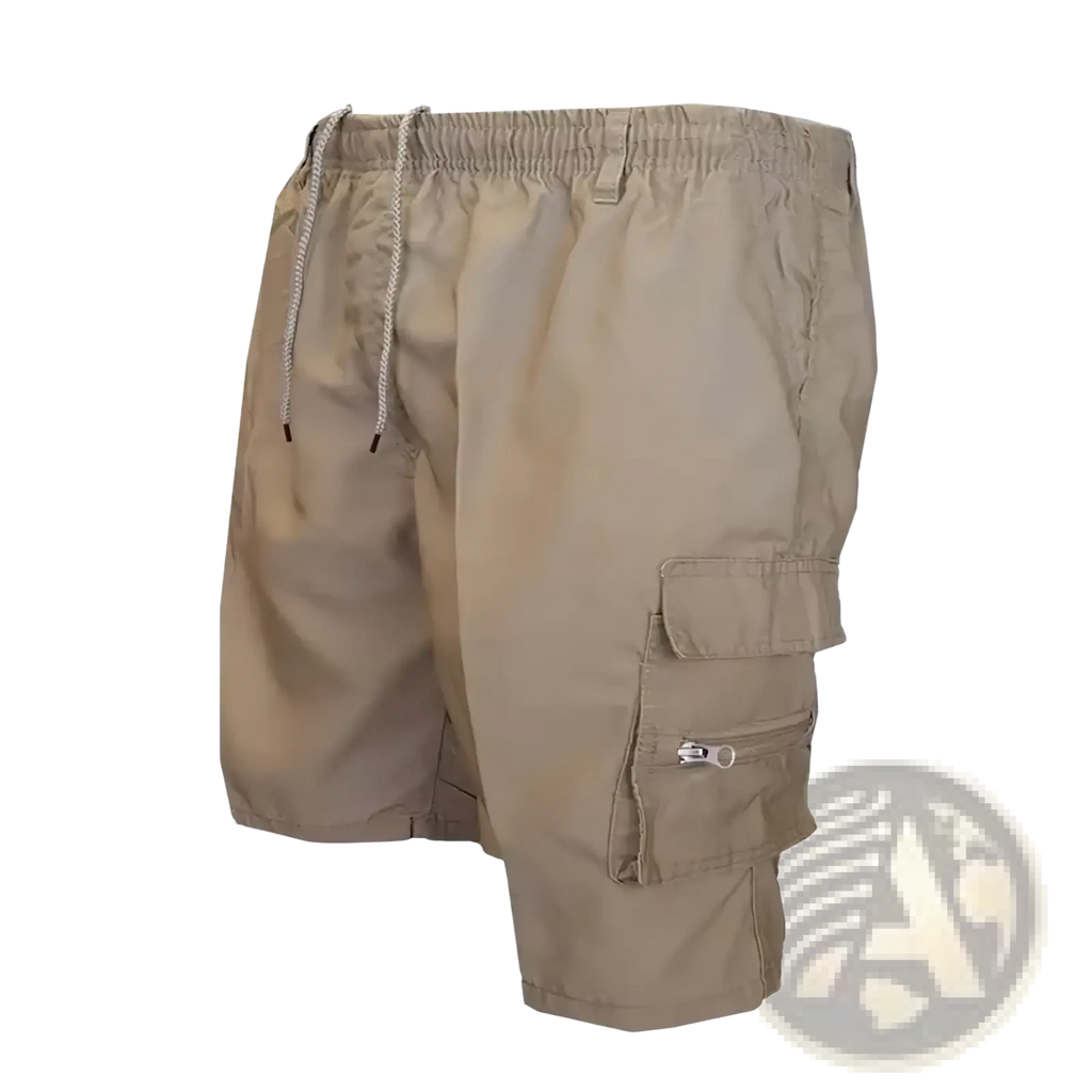 Beige mens cargo shorts with breathable fabric, drawstring waistband, and zippered side pockets for summer use