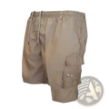 Beige mens cargo shorts with breathable fabric, drawstring waistband, and zippered side pockets for summer use
