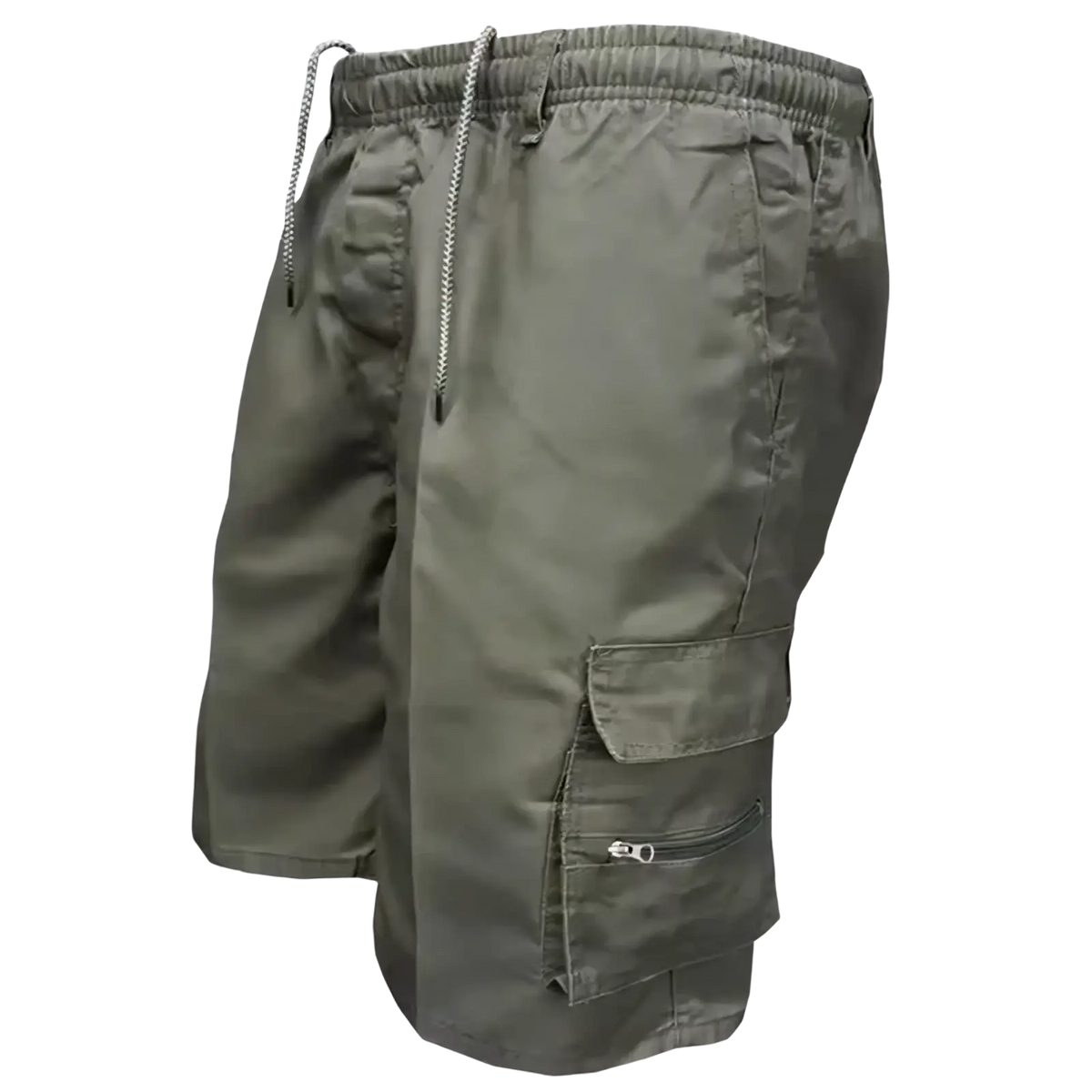 Olive green mens cargo shorts with drawstring waistband and multiple pockets breathable for summer use