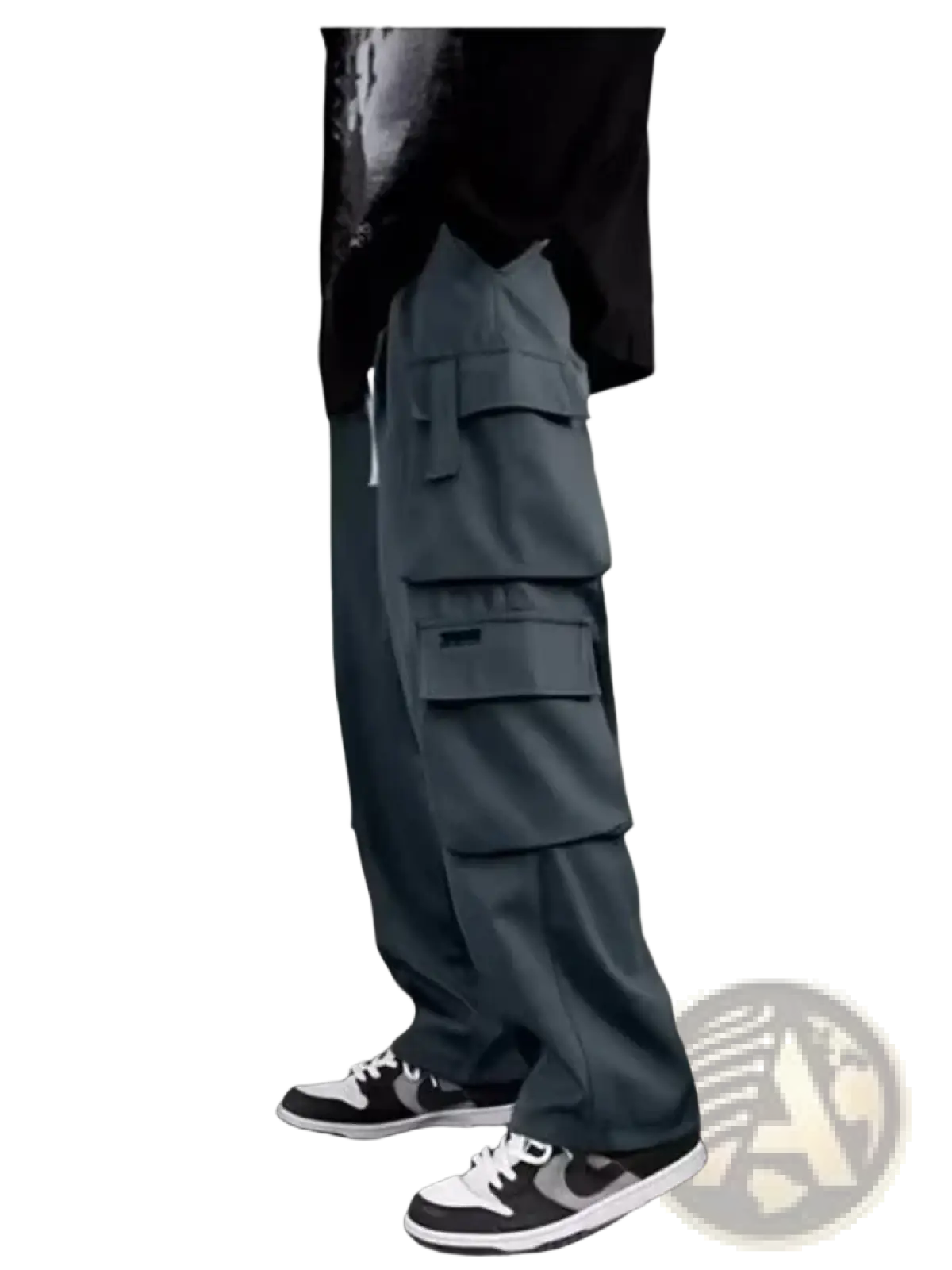 Dark gray mens cargo sweatpants with multiple pockets and a relaxed fit featuring y2k loose jogger style