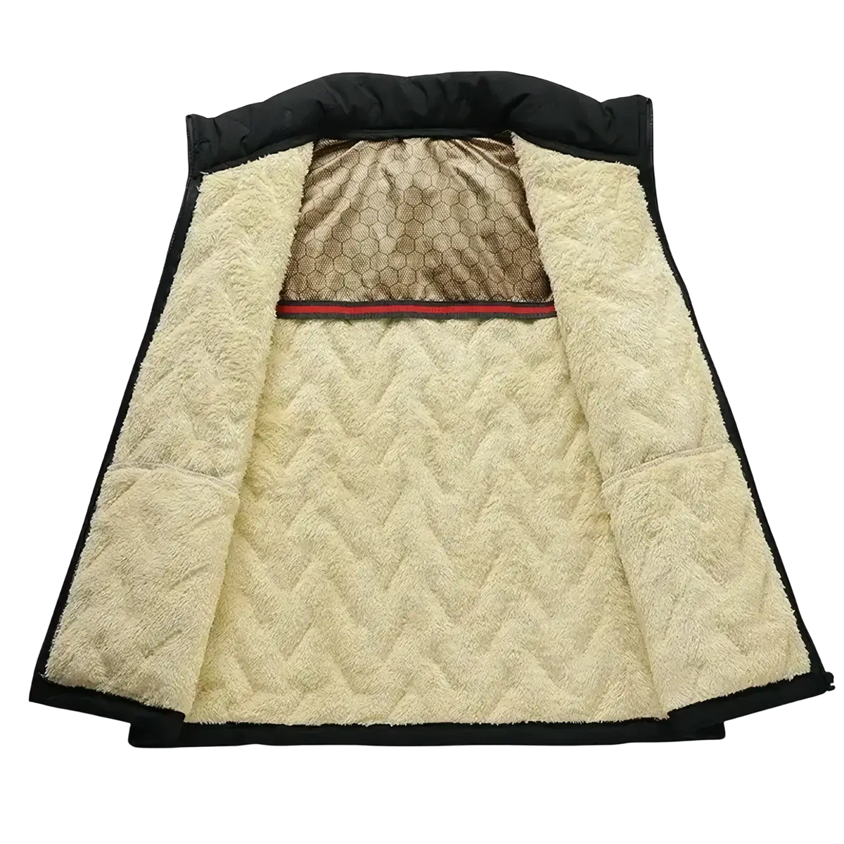 Mens cashmere windproof thermal vest with black trim and cream quilted interior featuring gold gucci logo lining