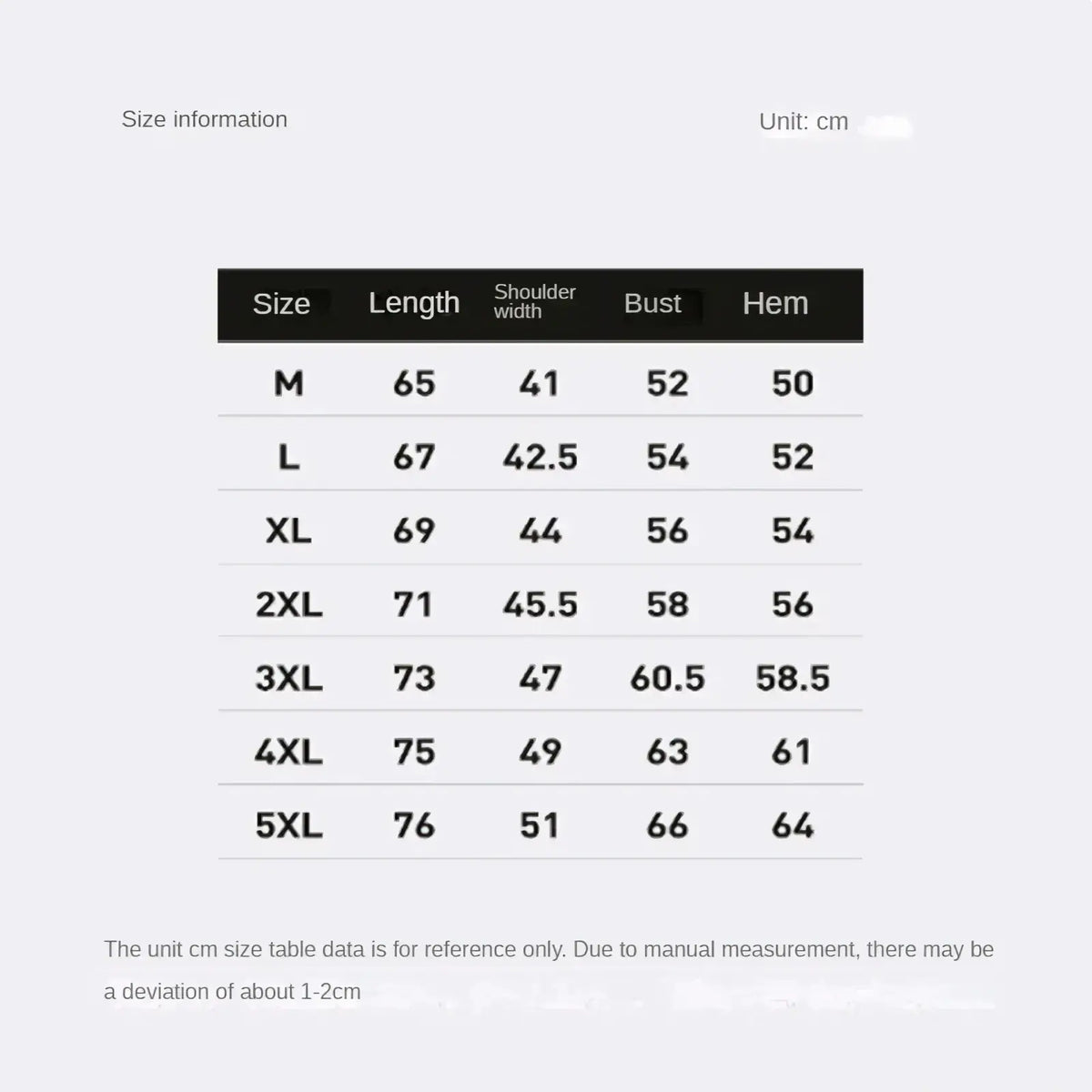 Size chart in centimeters for mens cashmere windproof thermal vest showing measurements from m to 5xl