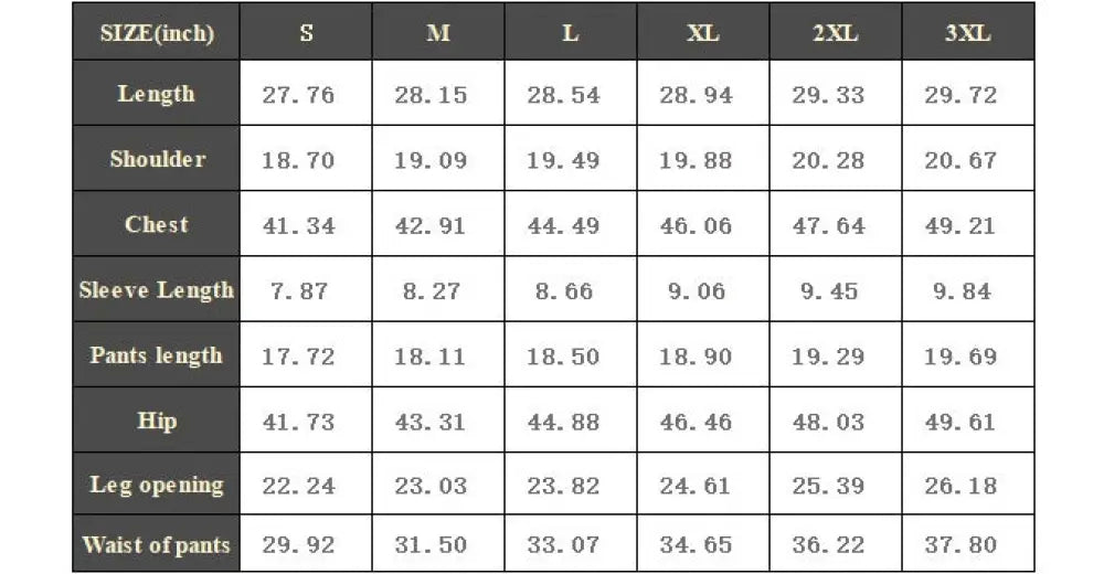 Size chart for men’s casual cotton polo and shorts matching summer set showing pants measurements in inches s to 3xl