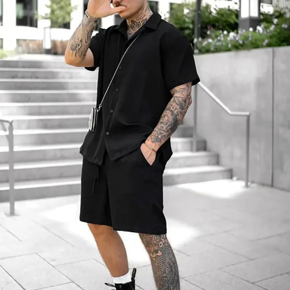 Men’s casual cotton polo and shorts matching summer set featuring a black short-sleeved button-up shirt and shorts