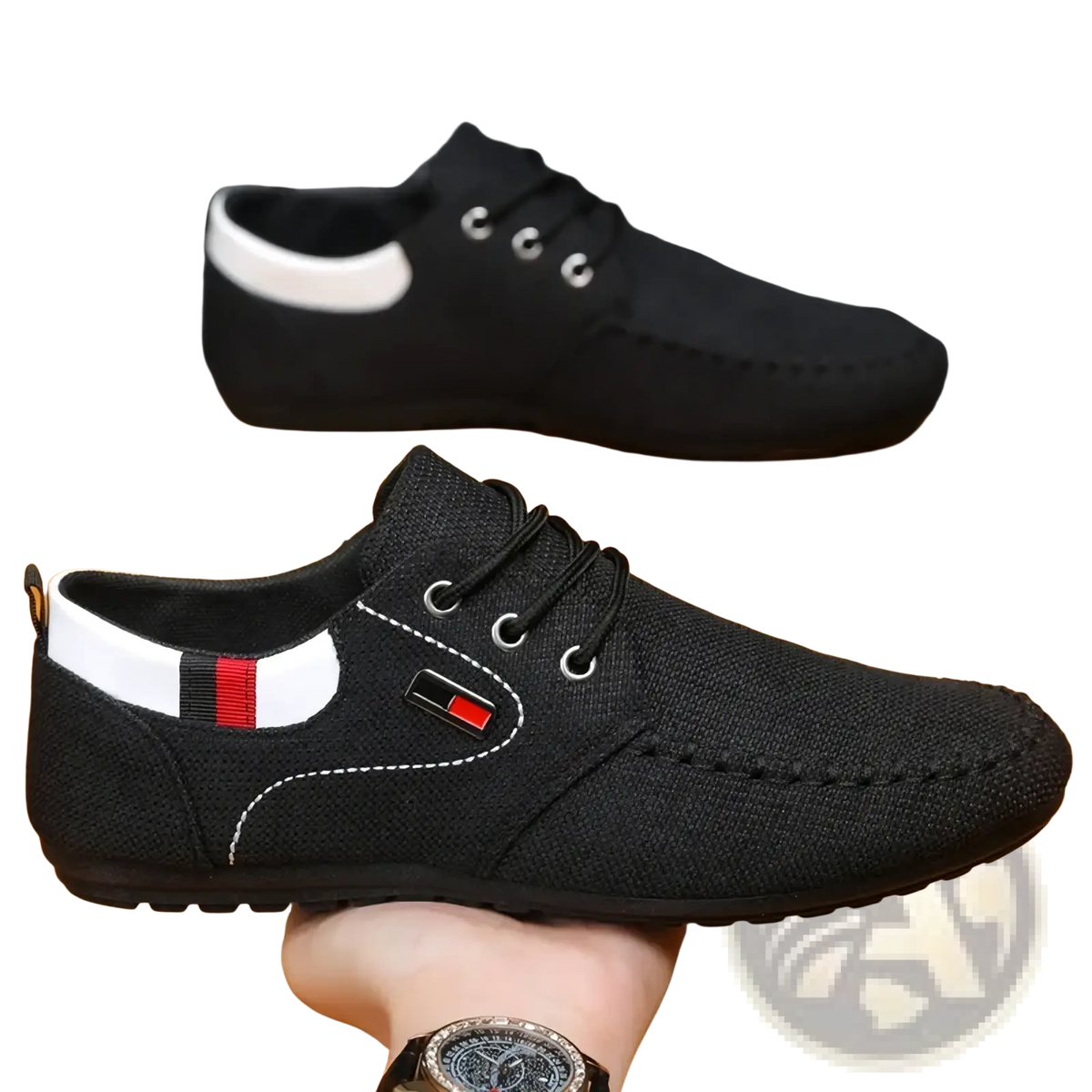 Men’s casual black canvas lace-up sneaker with white and red striped heel tab and logo patch near the toe