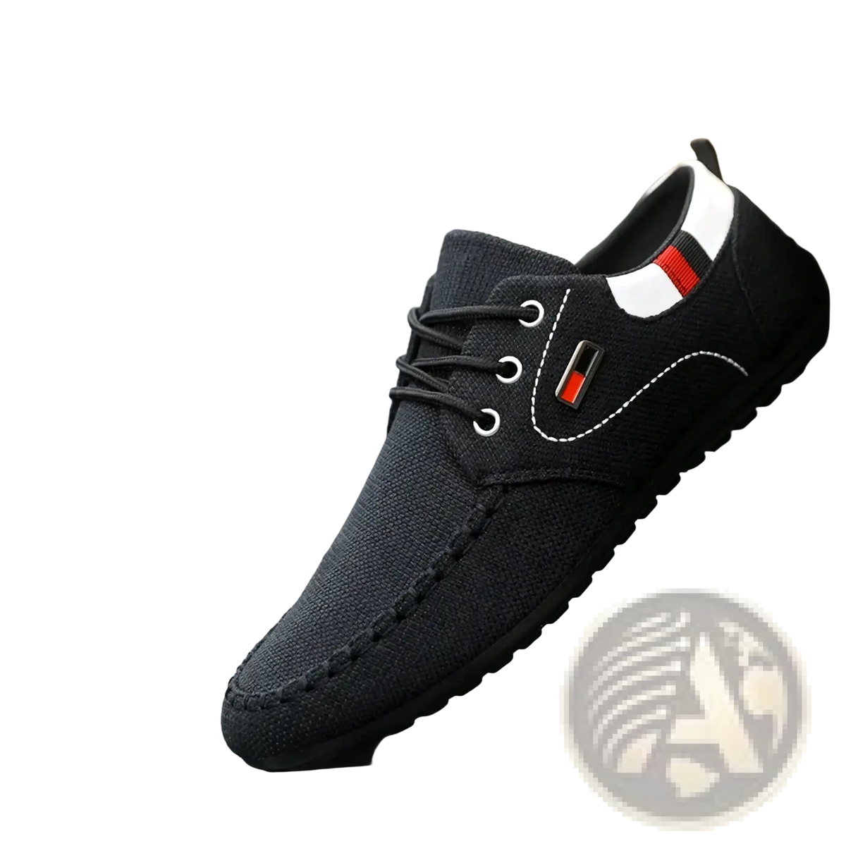Men’s casual black canvas lace-up sneakers with white stitching and red white striped heel tab lightweight daily footwear