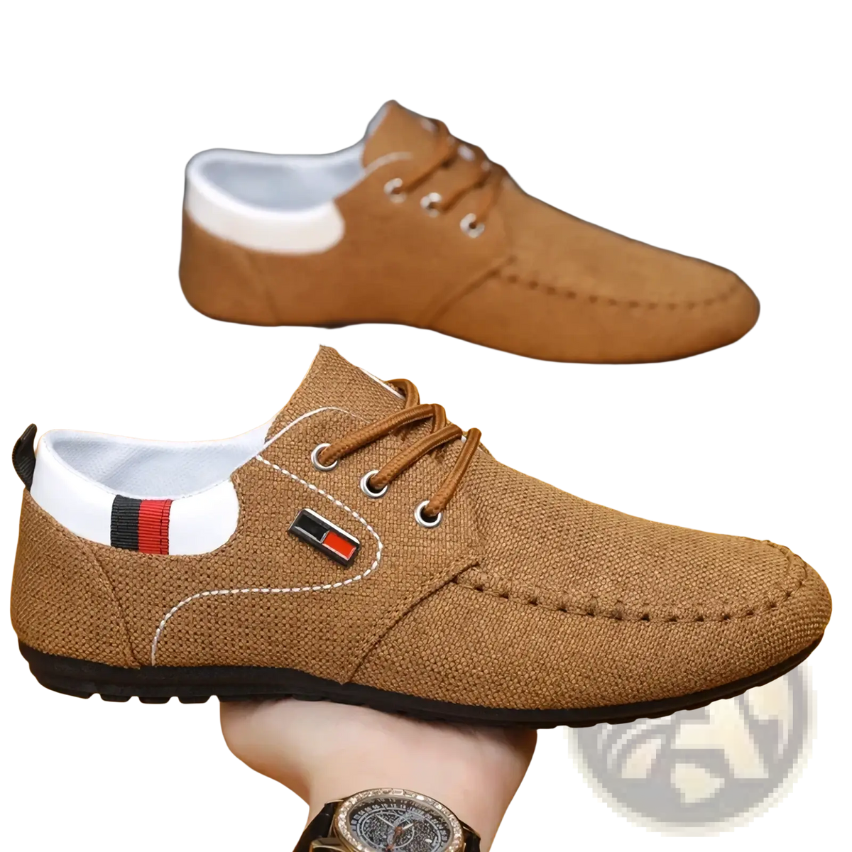 Men’s casual canvas sneakers in brown with white stitching, striped logo patch, and lightweight black rubber sole