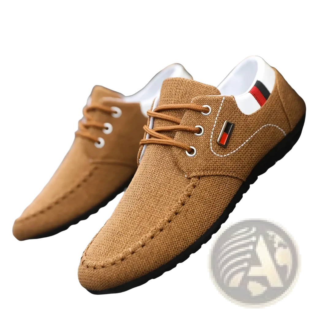 Men’s casual canvas sneakers tan lace-up loafers with white laces and small red black silver logo patch