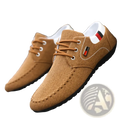 Men’s casual canvas sneakers tan lace-up loafers with white laces and small red black silver logo patch