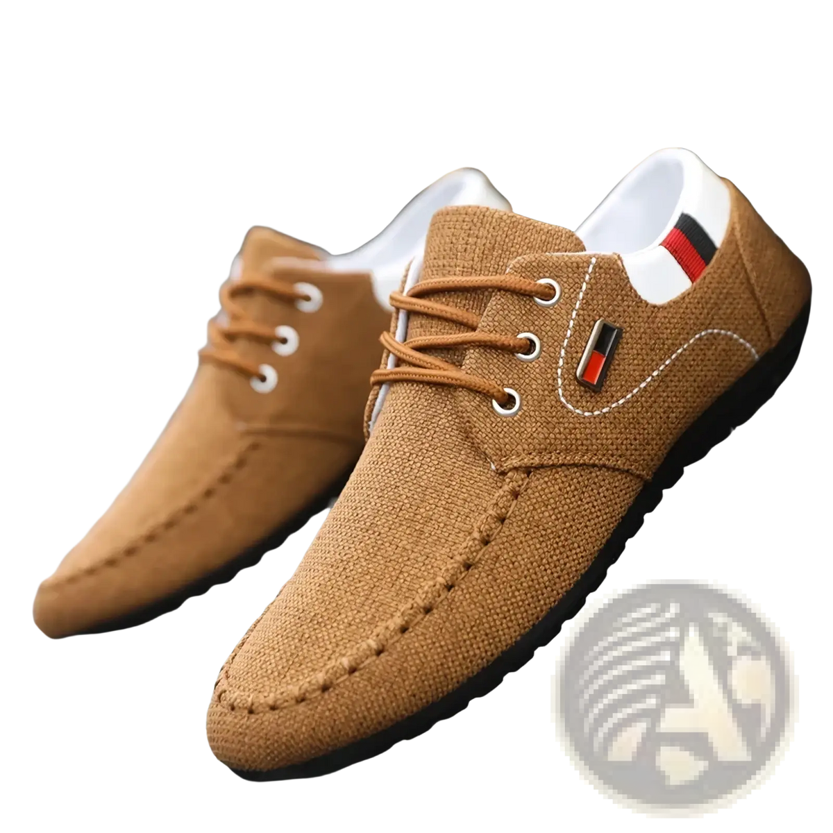 Men’s casual canvas sneakers tan lace-up loafers with white laces and small red black silver logo patch