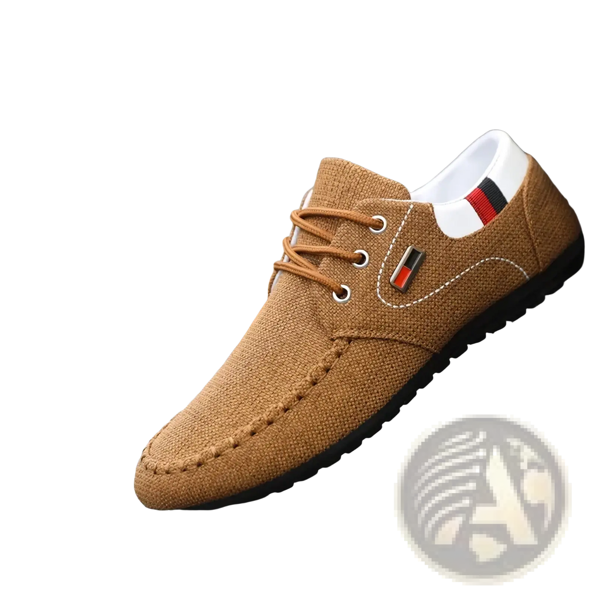 Men’s casual lightweight tan canvas sneakers with lace-up design and white and red striped collar accents