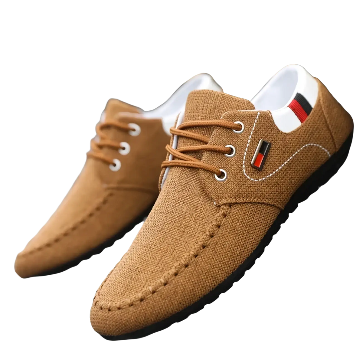 Men’s casual canvas sneakers tan lace-up loafers with white laces and small red black silver logo patch