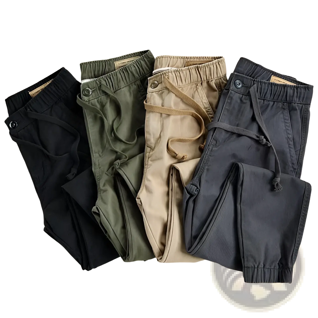 A collection of men’s casual cargo jogger pants in black olive green beige and dark gray with drawstring waist