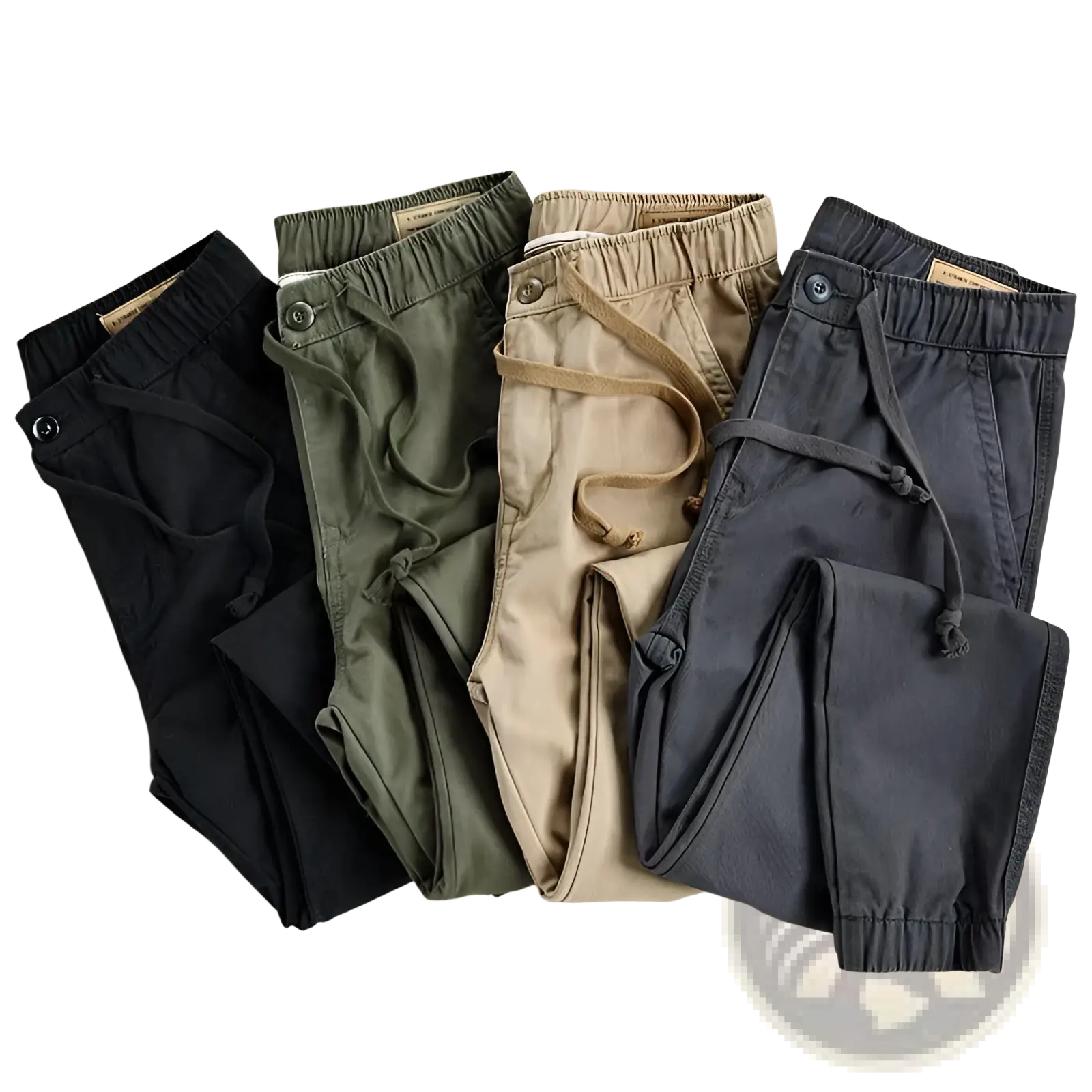 A collection of men’s casual cargo jogger pants in black olive green beige and dark gray with drawstring waist