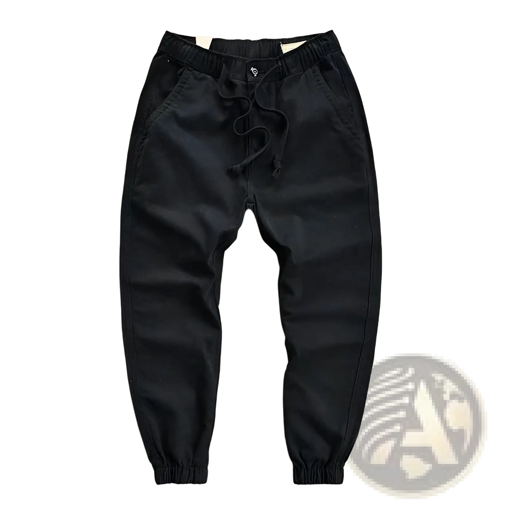 Men’s casual cargo jogger pants in black with elastic waistband, drawstring, and tapered cuffs for comfortable wear