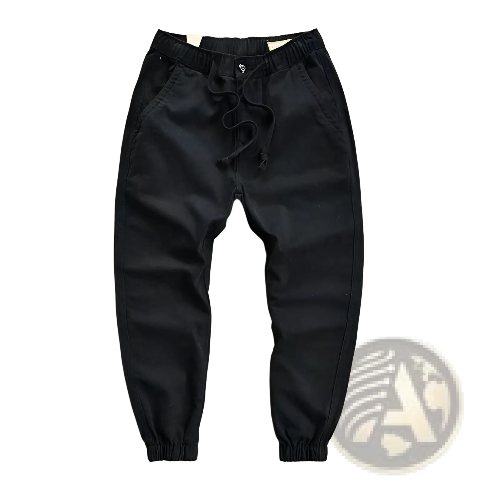 Men’s casual cargo jogger pants in black with elastic waistband, drawstring, and tapered cuffs for comfortable wear