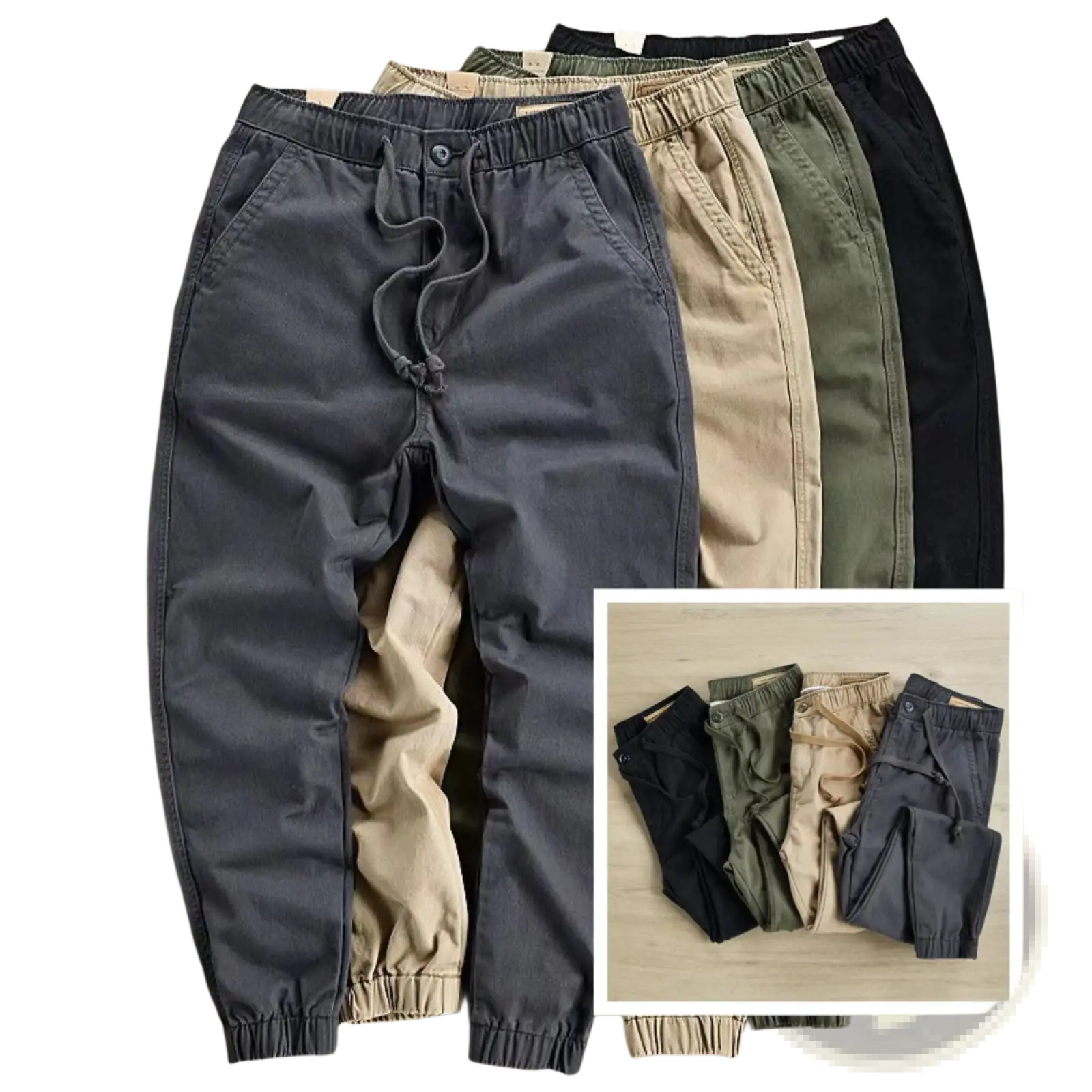 Dark gray men’s casual cargo jogger pants with drawstring waist elastic cuffs and relaxed fit for everyday wear